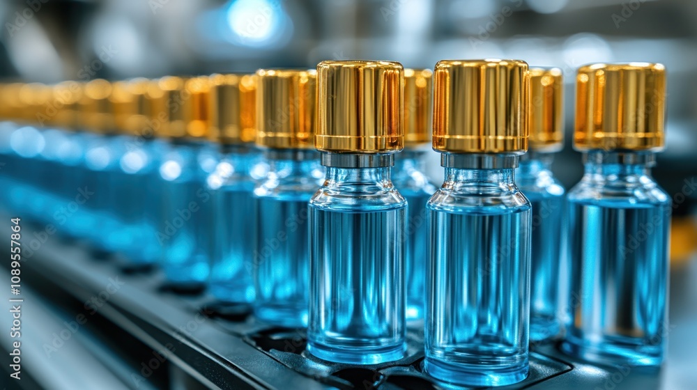 Conveyor belt with rows of small glass bottles filled with blue liquid and gold caps. Conveyor belt with rows of small glass bottles filled with blue liquid and gold caps.