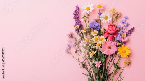 Bouquet of mixed wildflowers on a pastel pink background, fresh and natural generative ai