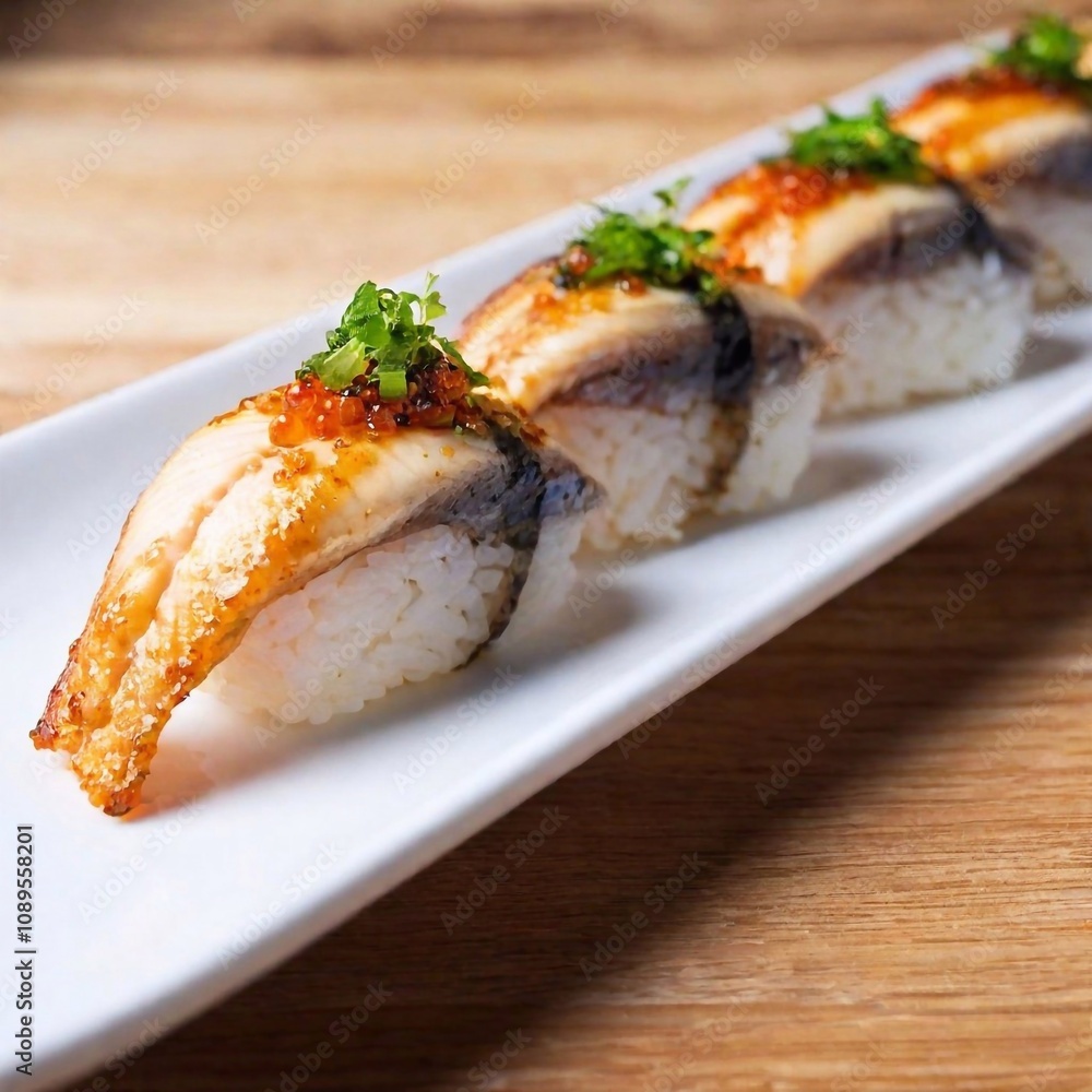 Macro shot of sushi rice with fresh fish on top, focusing on the smooth surface. Macro shot of sushi rice with fresh fish on top, focusing on the smooth surface.