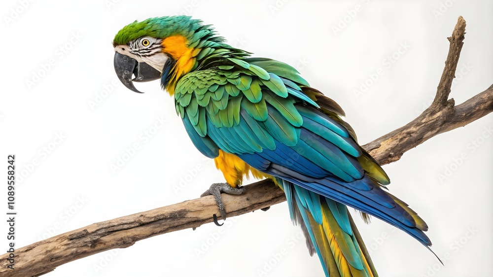 Vibrant parrot with colorful feathers on white background, Close-up of exotic parrot on clean surface Vibrant parrot with colorful feathers on white background, Close-up of exotic parrot on clean surface