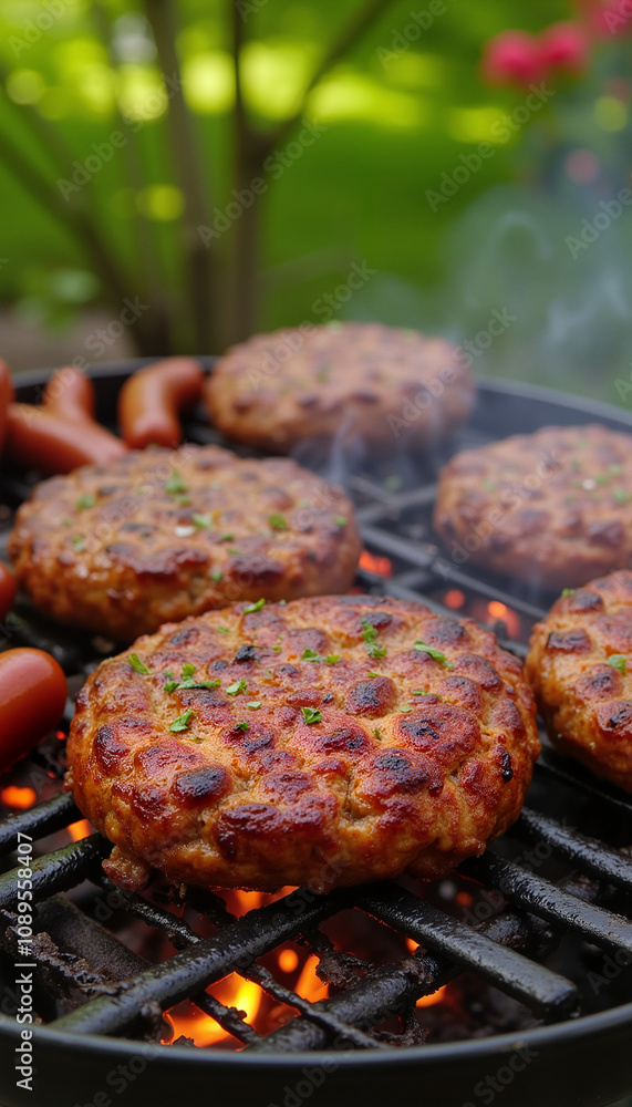 Grilling juicy burgers and sausages on a barbecue in a vibrant outdoor setting Grilling juicy burgers and sausages on a barbecue in a vibrant outdoor setting