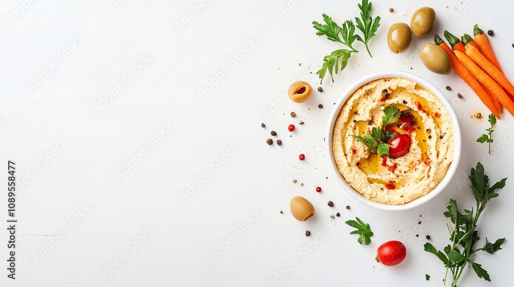 Delicious Hummus Bowl with Olives, Herbs, and Vegetables on White Background Delicious Hummus Bowl with Olives, Herbs, and Vegetables on White Background