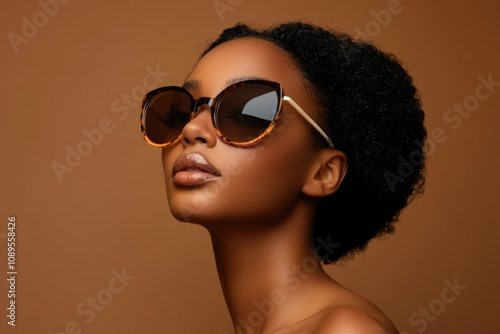 A woman wearing sunglasses on her face photo