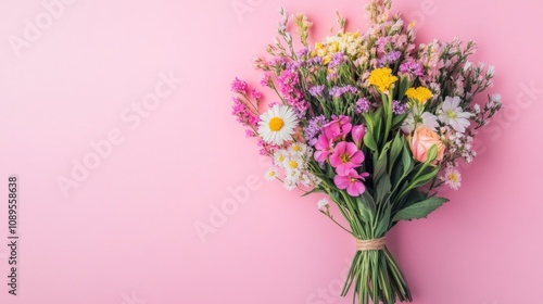 Bouquet of mixed wildflowers on a pastel pink background, fresh and natural generative ai