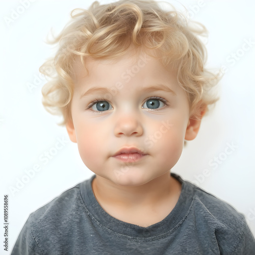 Niñez radiante: niño rubio con rizos y mirada azul.