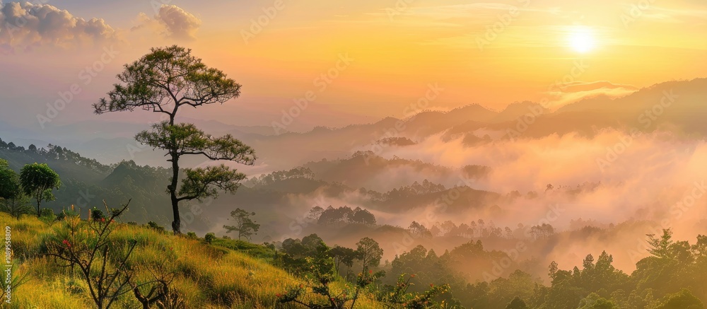 Mountain Sunrise with Fog Over Trees and Grass Mountain Sunrise with Fog Over Trees and Grass