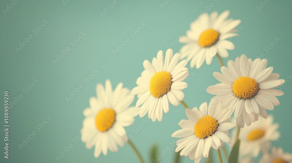 Bright and cheerful daisy flowers on a vibrant mint green background, generative ai Bright and cheerful daisy flowers on a vibrant mint green background, generative ai