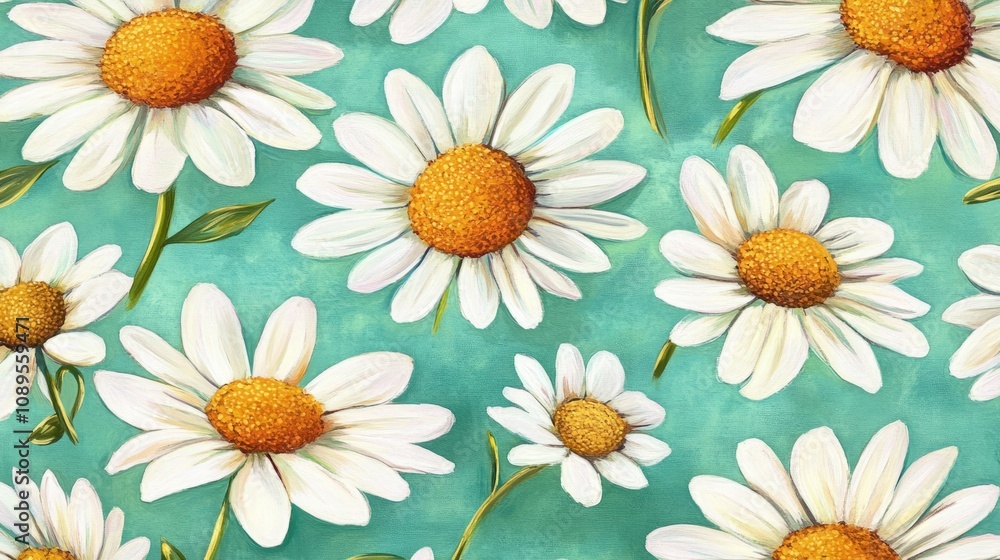 Fototapeta premium Bright and cheerful daisy flowers on a vibrant mint green background, generative ai