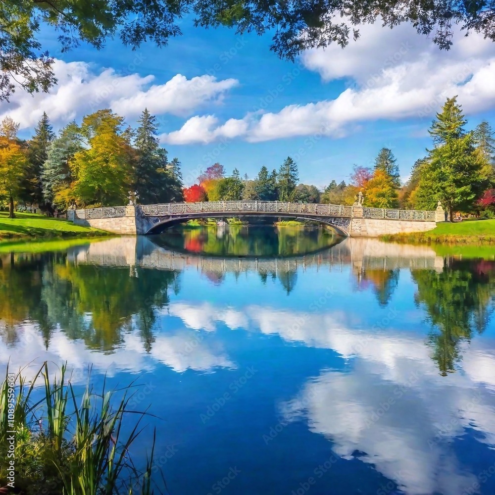 landscape illustration of a tranquil lake with a charming bridge landscape illustration of a tranquil lake with a charming bridge