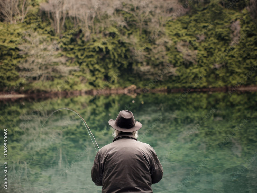 Una vista trasera de un viejo pescador pescando en un lago cristalino
Una vista trasera de un viejo pescador pescando en un lago cristalino