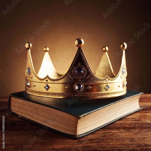 A majestic king's crown resting on an old vintage opened book, representing knowledge and power photo