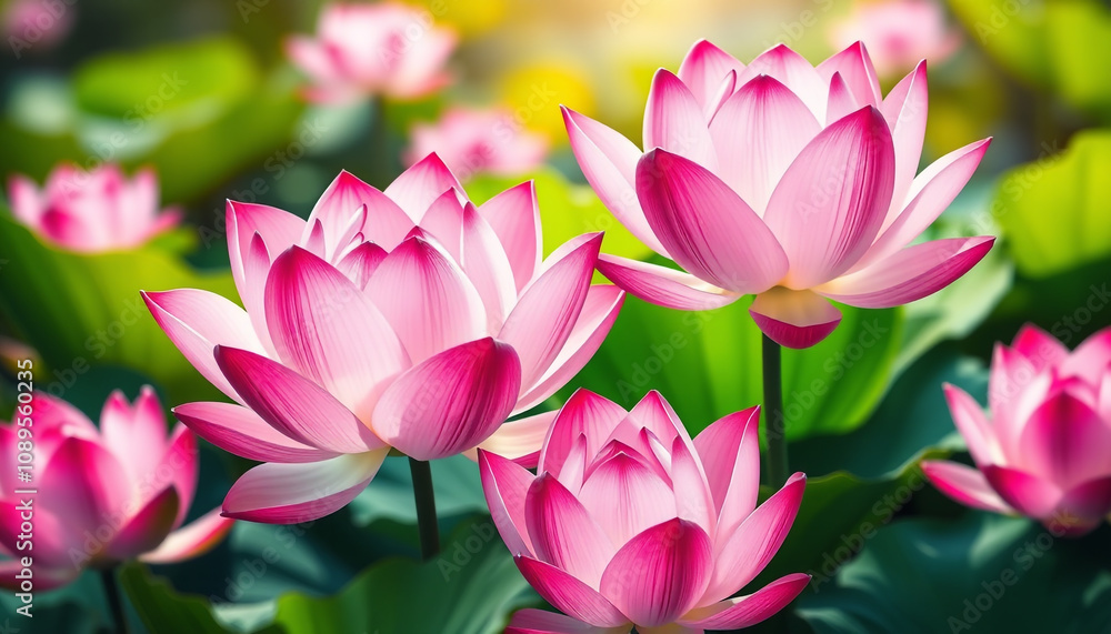 Beautiful Pink Lotus Flowers and Leaves in a Sunlit Pond. Beautiful Pink Lotus Flowers and Leaves in a Sunlit Pond.