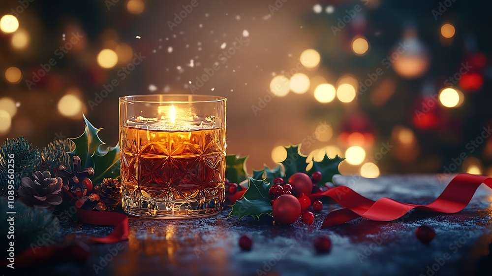 A festive, cozy image of a glass of liqueur surrounded by holiday decorations, including a lit candle, sprigs of holly, and a red ribbon bow, with a warm, soft light illuminating the scene, A festive, cozy image of a glass of liqueur surrounded by holiday decorations, including a lit candle, sprigs of holly, and a red ribbon bow, with a warm, soft light illuminating the scene,