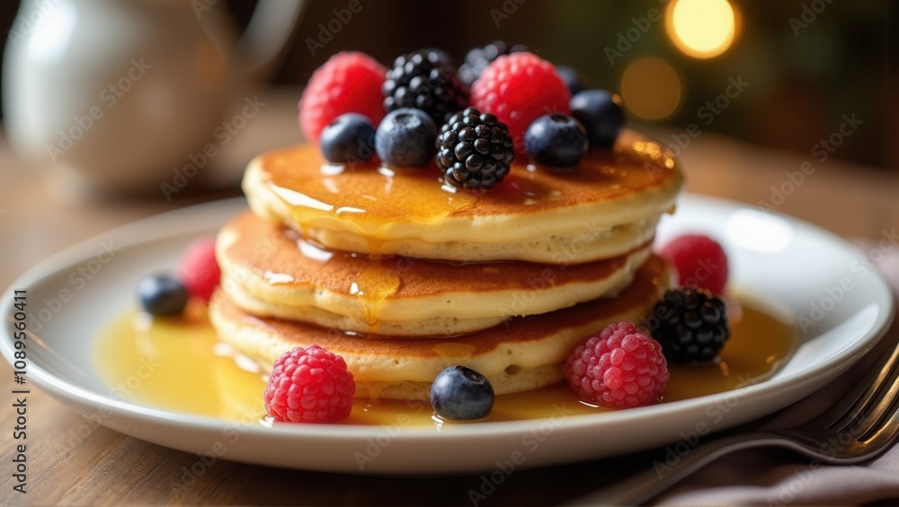 Stack of pancakes with syrup and berries on a plate, warm lighting, appealing breakfast food, close-up shot. Generative, AI,
Stack of pancakes with syrup and berries on a plate, warm lighting, appealing breakfast food, close-up shot. Generative, AI,