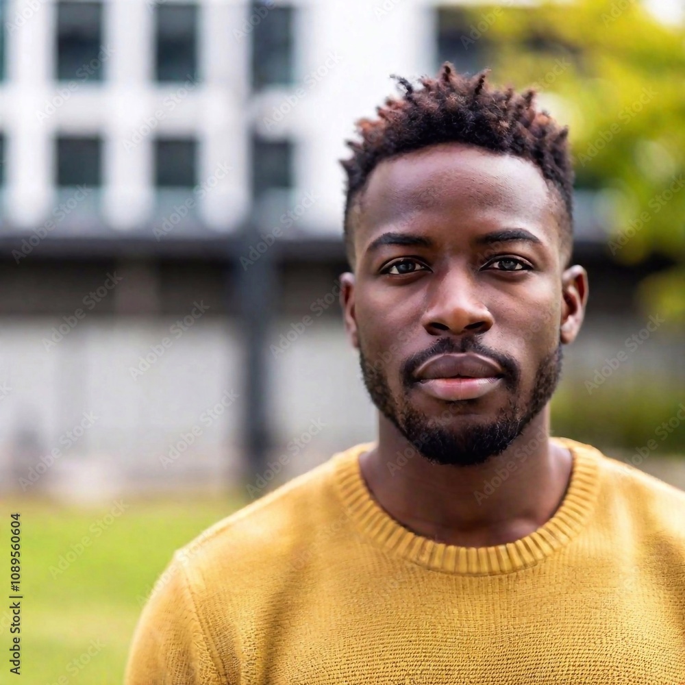 Obraz premium A close-up shot of an African-American male with a determined look, showcasing resilience and emotional strength. The split diopter effect highlights his focused expression while the background remain