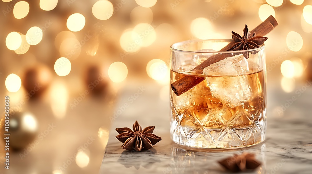 A festive image of spiced liqueur served over ice in a frosted glass, with a cinnamon stick and star anise as garnish, placed on a marble countertop with a blurred background of holiday lights, A festive image of spiced liqueur served over ice in a frosted glass, with a cinnamon stick and star anise as garnish, placed on a marble countertop with a blurred background of holiday lights,