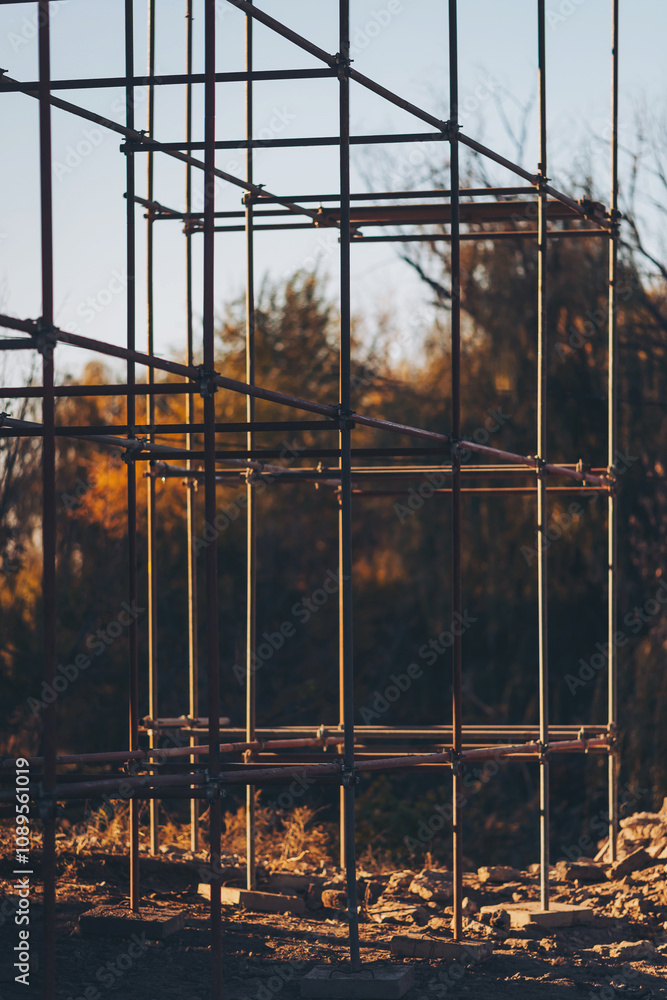 pipe support under concrete beam. Scaffolding steel pipe at a construction site. pipe support under concrete beam. Scaffolding steel pipe at a construction site.
