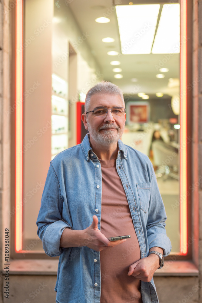Man with subtle smile, holding phone, against bright indoor backdrop of store Man with subtle smile, holding phone, against bright indoor backdrop of store