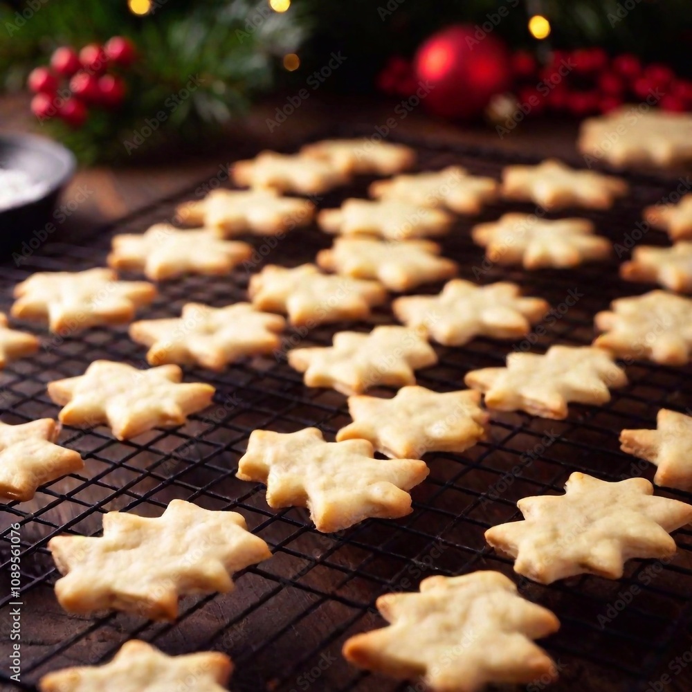 Φωτογραφία A close-up of freshly baked Christmas cookies cooling on a metal rack