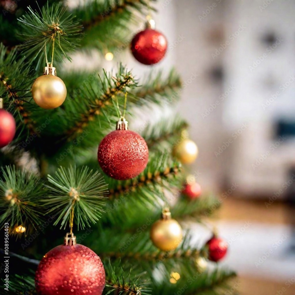 A tilt-shift photo of a beautifully decorated Christmas tree, focusing on colorful Christmas baubles in shades of red, gold, and green. The tilt-shift effect creates a miniature effect, drawing attent A tilt-shift photo of a beautifully decorated Christmas tree, focusing on colorful Christmas baubles in shades of red, gold, and green. The tilt-shift effect creates a miniature effect, drawing attent