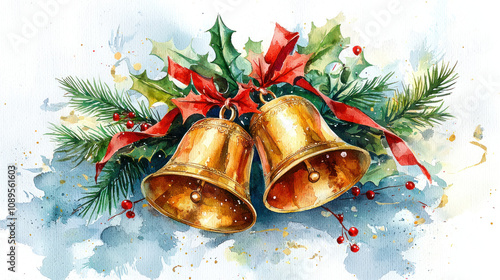 Festive Golden Bells with Holly Pine and Red Ribbons Watercolor Christmas Holiday Illustration