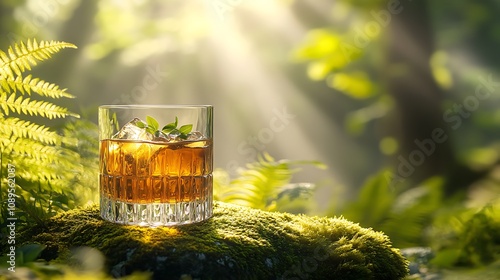 A glass of herbal liqueur placed on a moss-covered stone, surrounded by vibrant green ferns and illuminated by dappled sunlight filtering through the forest canopy,