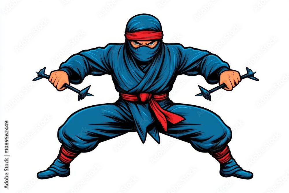 A ninja holding throwing stars akimbo, drawn in clean lines and vibrant colors on a plain white background A ninja holding throwing stars akimbo, drawn in clean lines and vibrant colors on a plain white background
