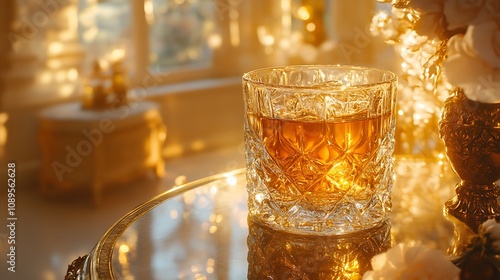 A golden-hued liqueur in a crystal glass, illuminated by soft golden light from the side, capturing the intricate details and reflections, with a luxurious, warm ambiance. --ar 16:9