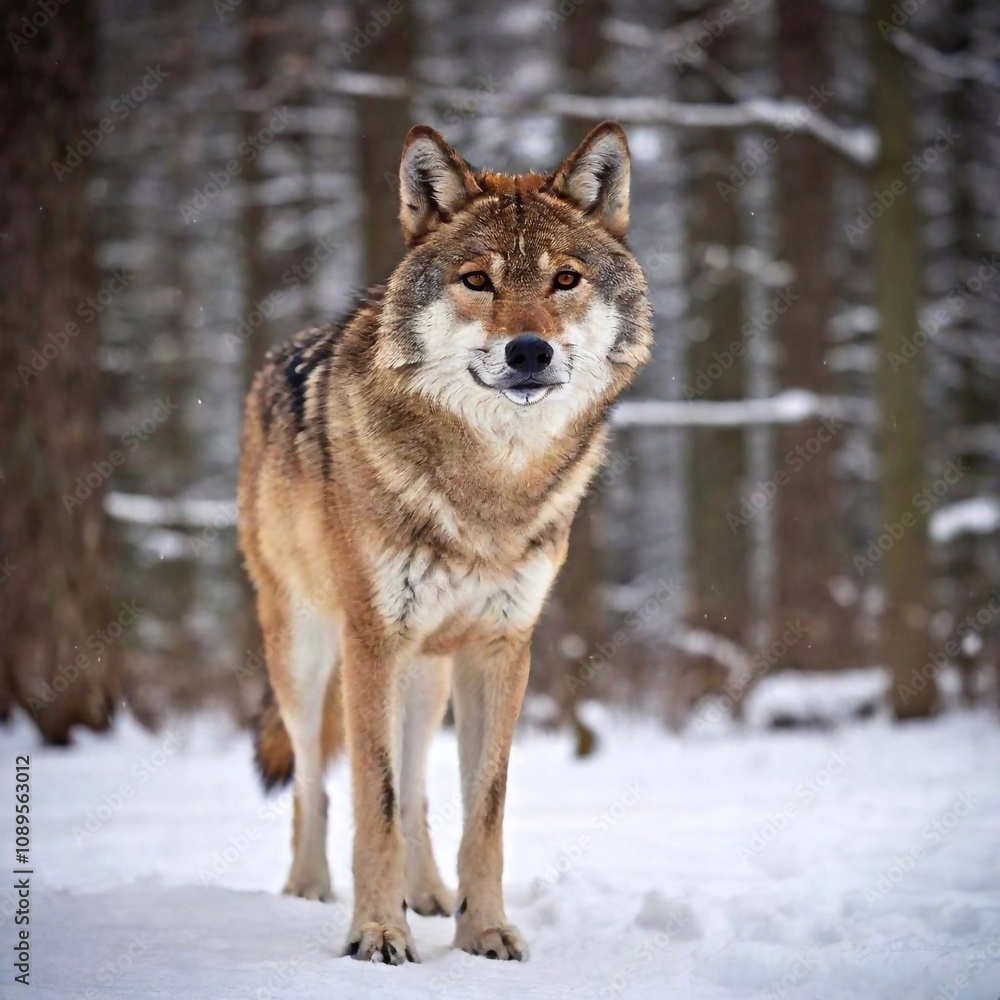 A high-resolution ultrarealistic image of a majestic wolf standing amidst a snowy landscape, captured in a detailed photograph. The wolf is caught mid-gaze towards the camera, its fur a mix of grey, w A high-resolution ultrarealistic image of a majestic wolf standing amidst a snowy landscape, captured in a detailed photograph. The wolf is caught mid-gaze towards the camera, its fur a mix of grey, w