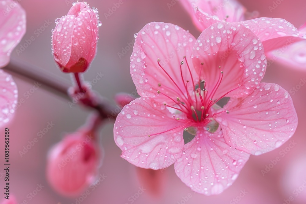 A close-up of a pink flower with water droplets glistening on its petals, perfect for a nature-inspired design or a photography project A close-up of a pink flower with water droplets glistening on its petals, perfect for a nature-inspired design or a photography project