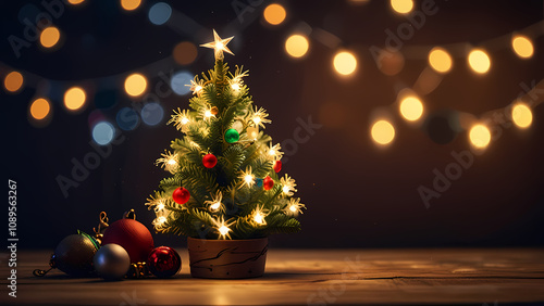 cozy Christmas scene with a small, beautifully decorated mini Christmas tree placed on a wooden table. The tree is adorned with ornaments, ribbons, and twinkling fairy lights, surrounded by soft, warm