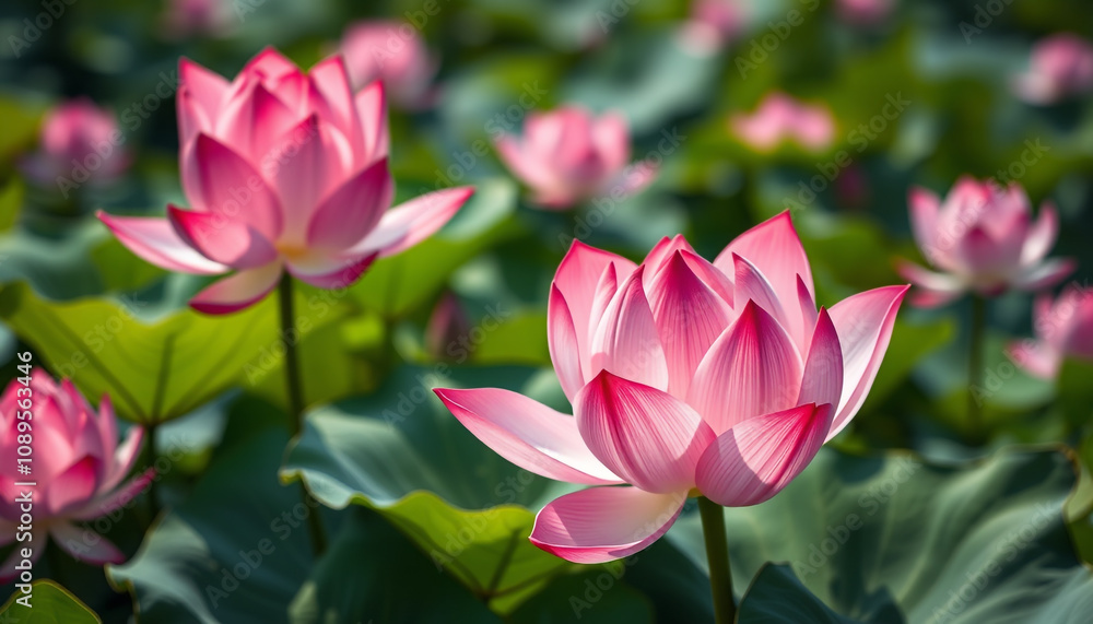 Beautiful Pink Lotus Flowers and Leaves in a Sunlit Pond. Beautiful Pink Lotus Flowers and Leaves in a Sunlit Pond.