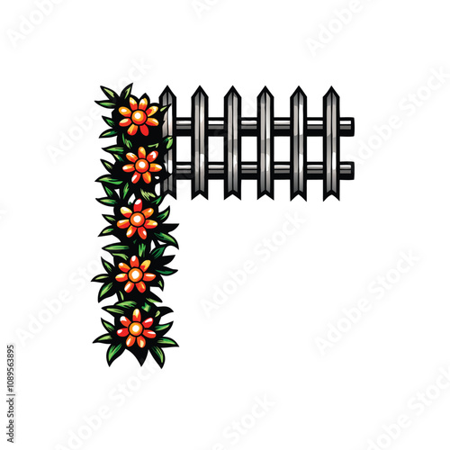 Create a vector illustration of a charming picket fence with flowing, editable strokes.  Include variations in picket height and spacing for visual interest.