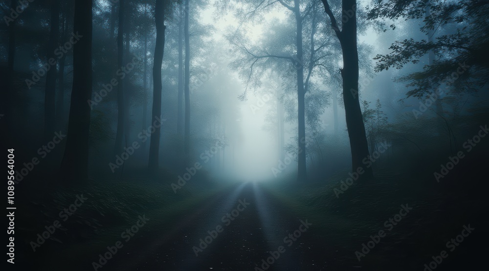 Mysterious foggy forest path Mysterious foggy forest path