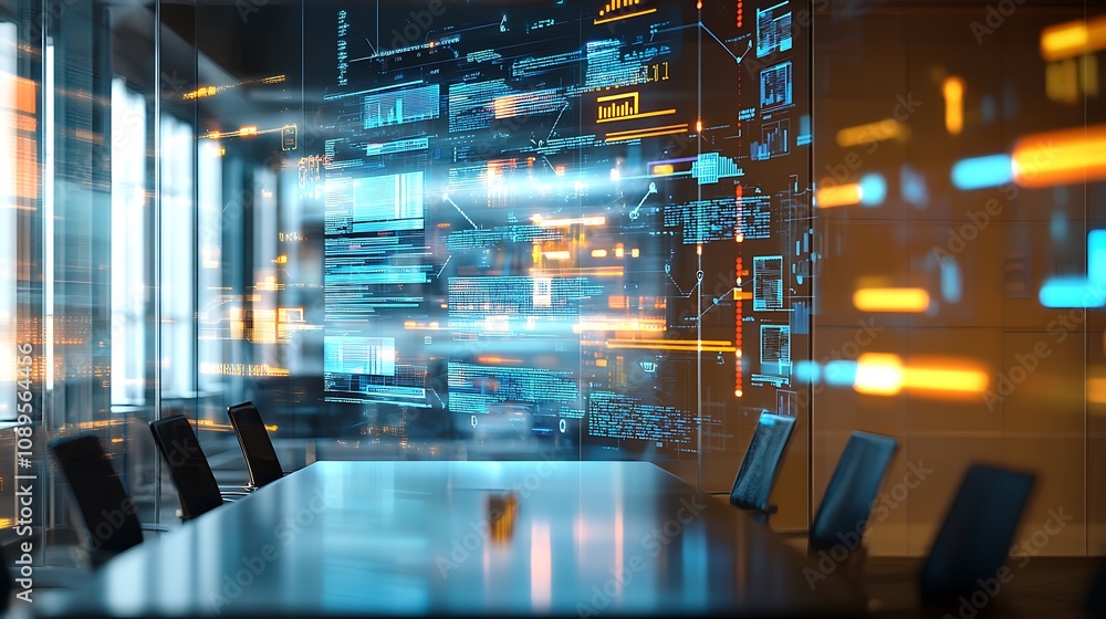 Blurred business meeting room with floating digital business data Blurred business meeting room with floating digital business data