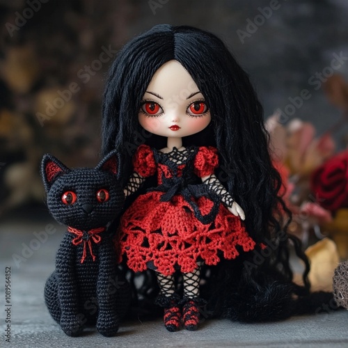 Nice halloween gothic girl witch doll crocheted made of yarn wool beautiful holiday picture handmade decor design art creative craft photo