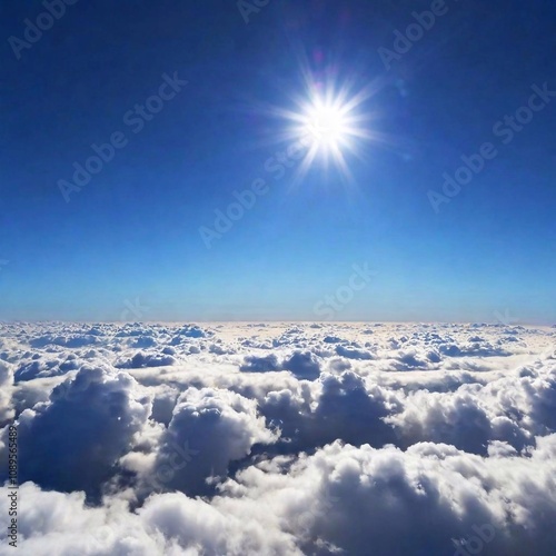 A high-resolution ultrarealistic image of a breathtaking aerial view above the clouds, captured in a stunning photo-realistic style. The expansive scene features a radiant sun centered in the composit photo