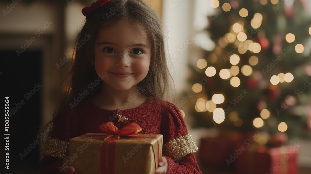 Young Girl Holds Christmas Gift Near Decorated Tree Young Girl Holds Christmas Gift Near Decorated Tree
