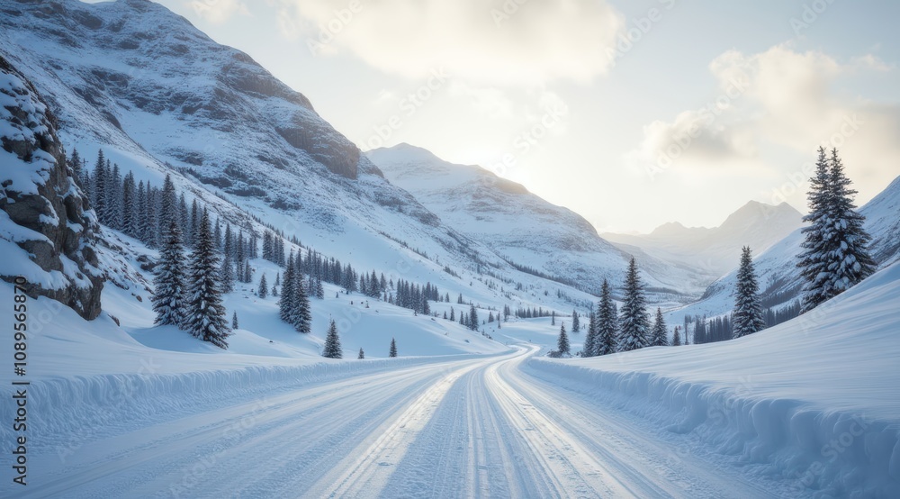 Serene snowy mountain road in winter Serene snowy mountain road in winter