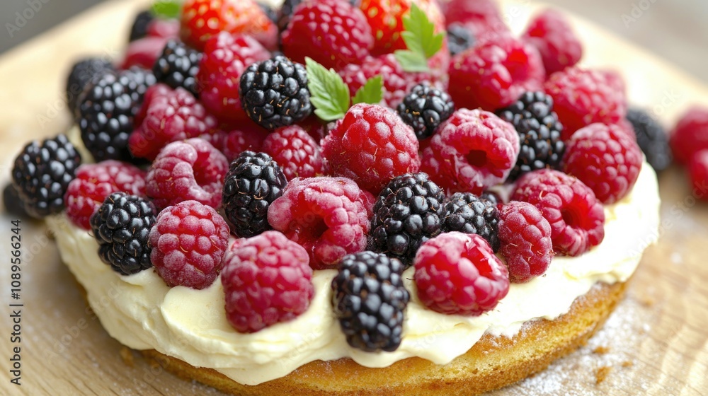 A close-up shot of a delicious-looking cake with fresh berries on top A close-up shot of a delicious-looking cake with fresh berries on top