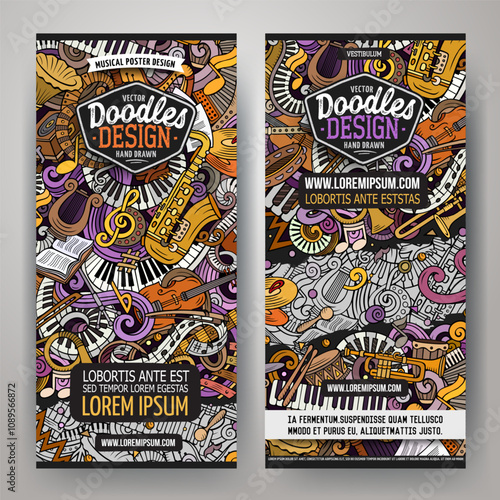 Cartoon cute colorful vector hand drawn doodles Classic music banners