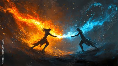 Wallpaper Mural Two figures clash in a battle of ice and fire, sparks flying in a dramatic showdown. Fire and Ice Duel. Illustration Torontodigital.ca