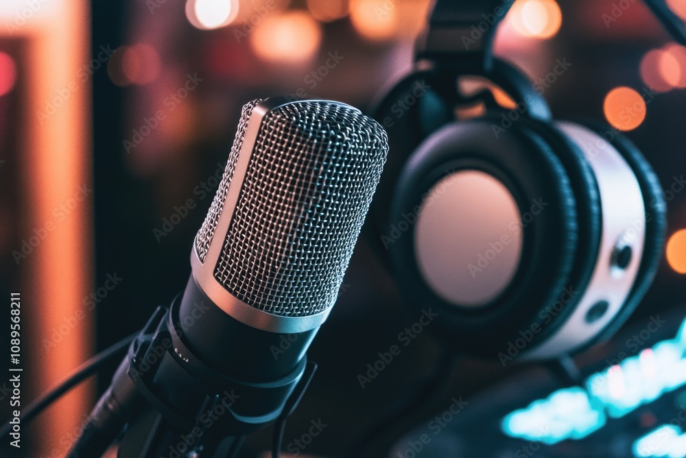 A detailed view of a microphone with headphones attached, perfect for music or audio-related uses A detailed view of a microphone with headphones attached, perfect for music or audio-related uses