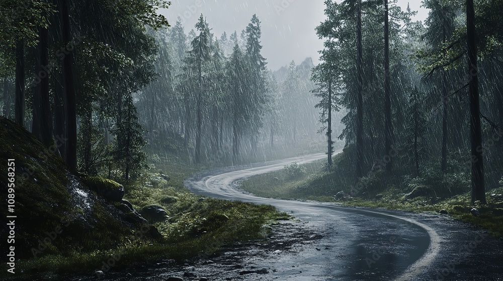 Obraz premium Winding Road Through a Foggy Forest During a Rainstorm with Mysterious Atmosphere