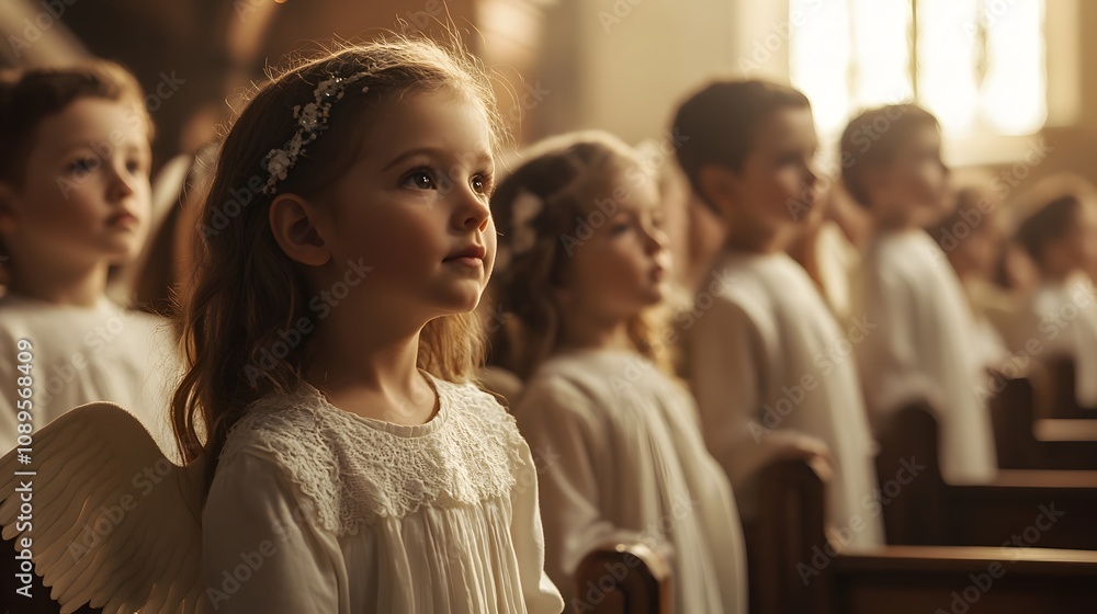 Obraz premium Innocent angels in a serene church; their hopeful gazes and delicate costumes create a breathtaking scene of faith and devotion.