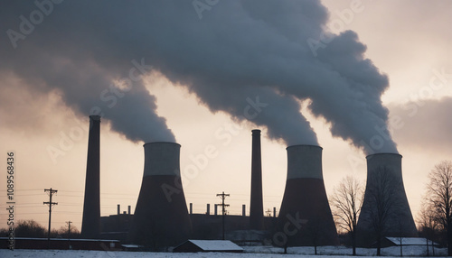 Industrial Cooling Towers with Emissions at Twilight in a Frosty Landscap photo