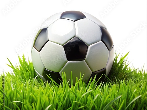 Clean white backdrop highlights a soccer ball nestled in a field of green grass.