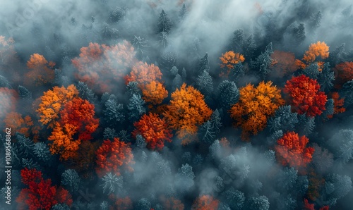 Colorful Canopy, Aerial view of the forest showcasing the brilliant contrast of orange and red leaves against the eerie blue fog