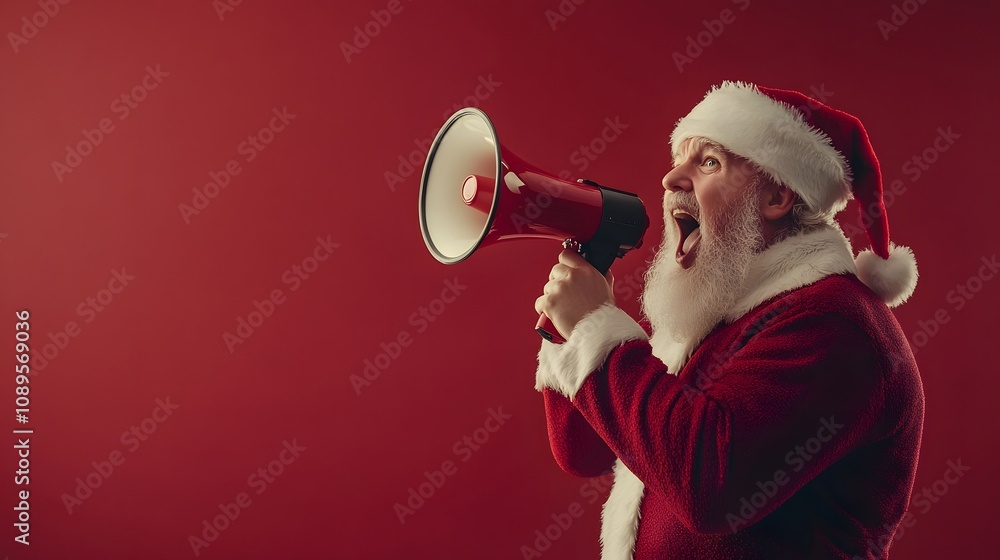 Santa's Urgent Christmas Message! Hear his booming announcement through a megaphone against a vibrant red backdrop. Santa's Urgent Christmas Message! Hear his booming announcement through a megaphone against a vibrant red backdrop.