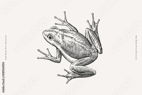 Illustration of a frog in an engraving style on a light background. Ideal for nature, wildlife, and educational themes.